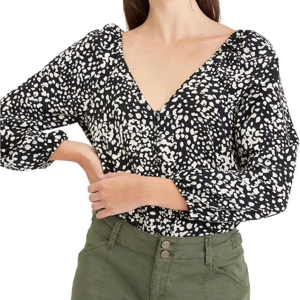 Sanctuary Black Cream Meadow Blouse Top in Hazed Graphic Spot Button Front small